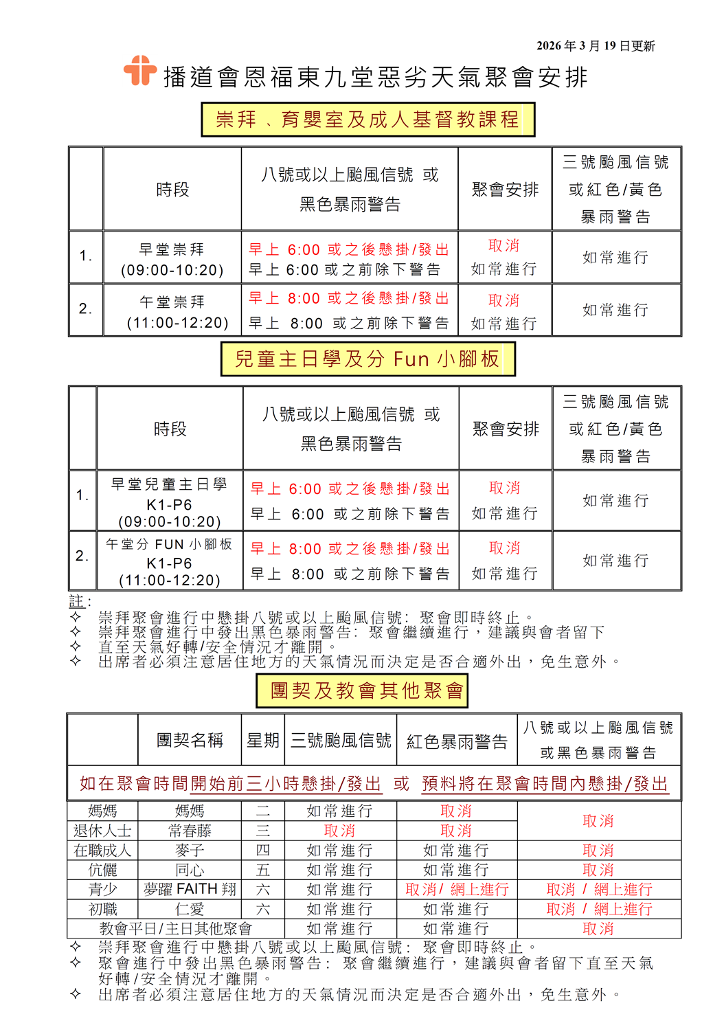 恩福東九堂惡劣天氣安排