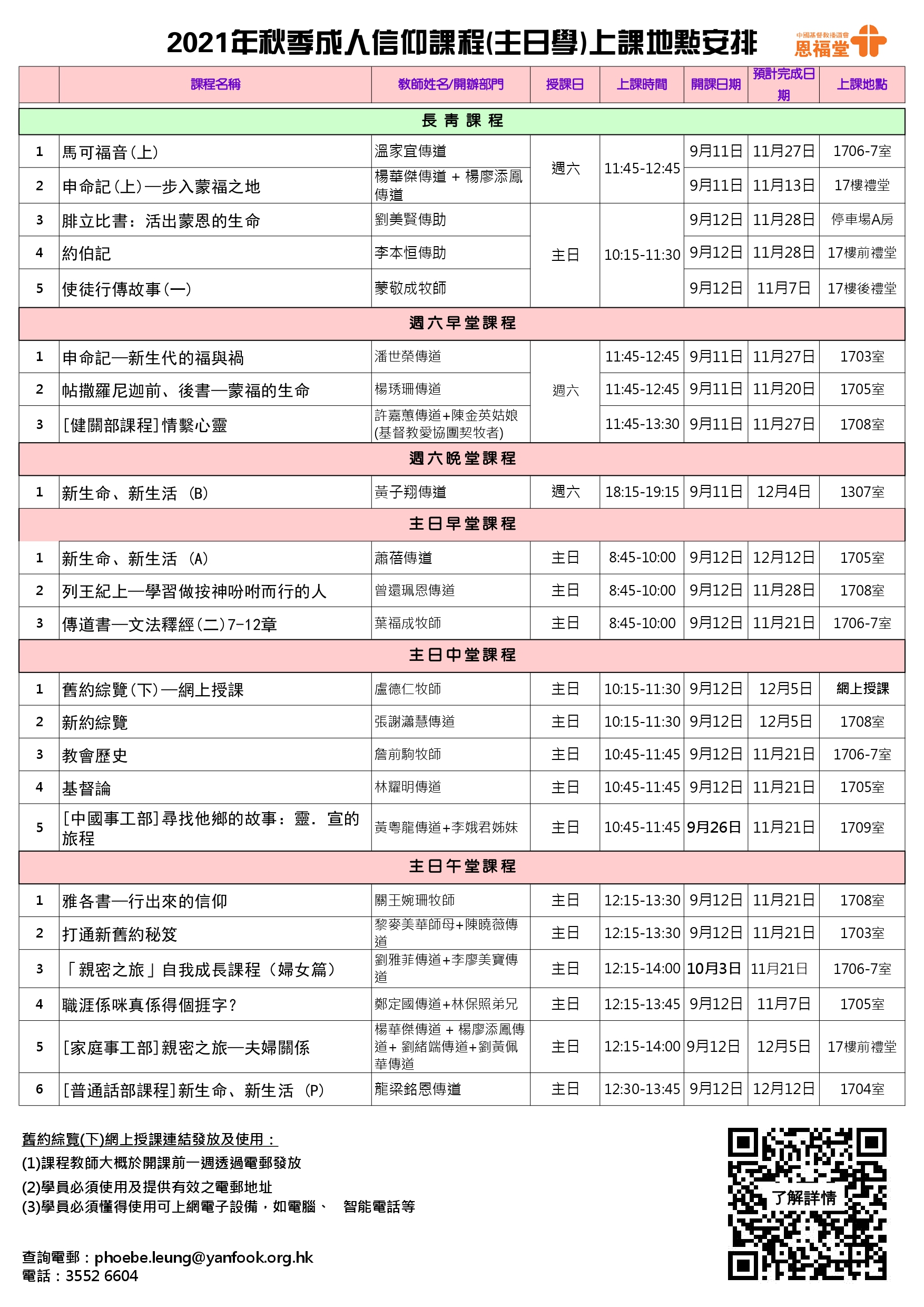 2021年秋季成人信仰課程上課地點、開課日期及上課時段 2021年秋季成人信仰課程上課地點、開課日期及上課時段